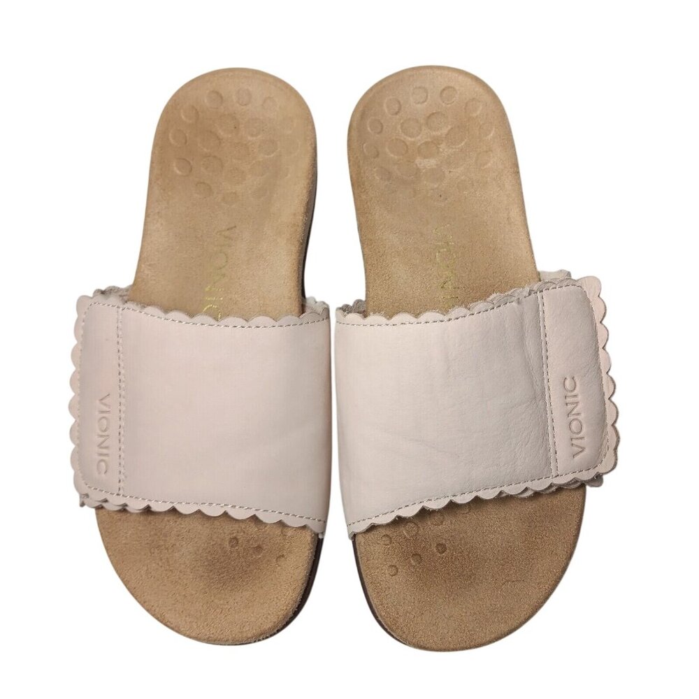 Vionic Florence Sandals Womens 6.5 Pink Scalloped Leather Adjustable Comfort